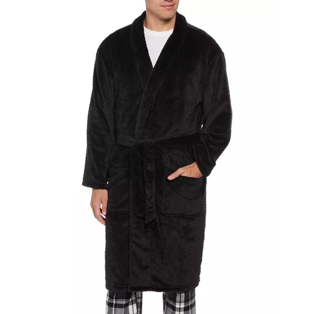 Perry Ellis Men's Herringbone Textured Fleece Robe One Size Peacoat (Blue)
